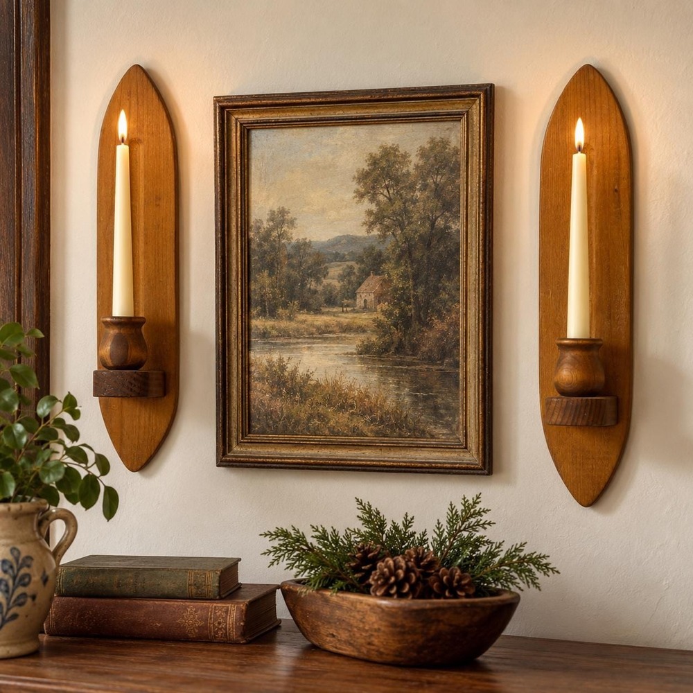Vintage Wood Wall Candle Sconces Pair Primitive Country Farmhouse Taper Holders